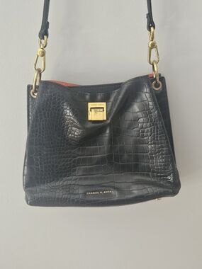 Charles & Keith Croc-Effect Bucket Bag – Black & Orange